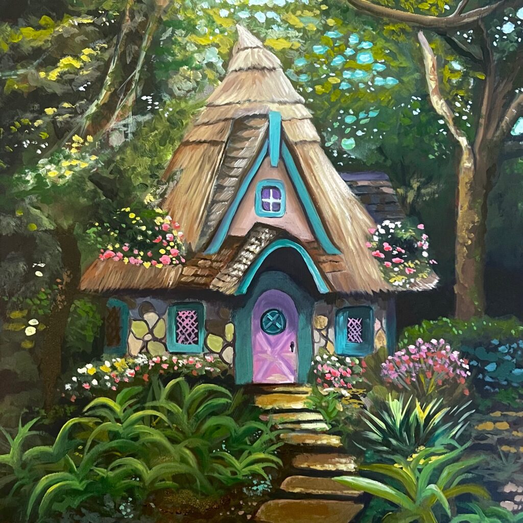 a finished photo of a painting of a colorful cottage in the woods, with many flowers and trees surrounding it.