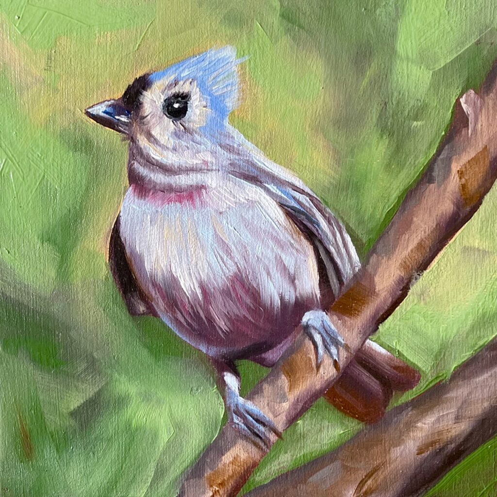 An oil painting of a blue tufted titmouse on a bright green background