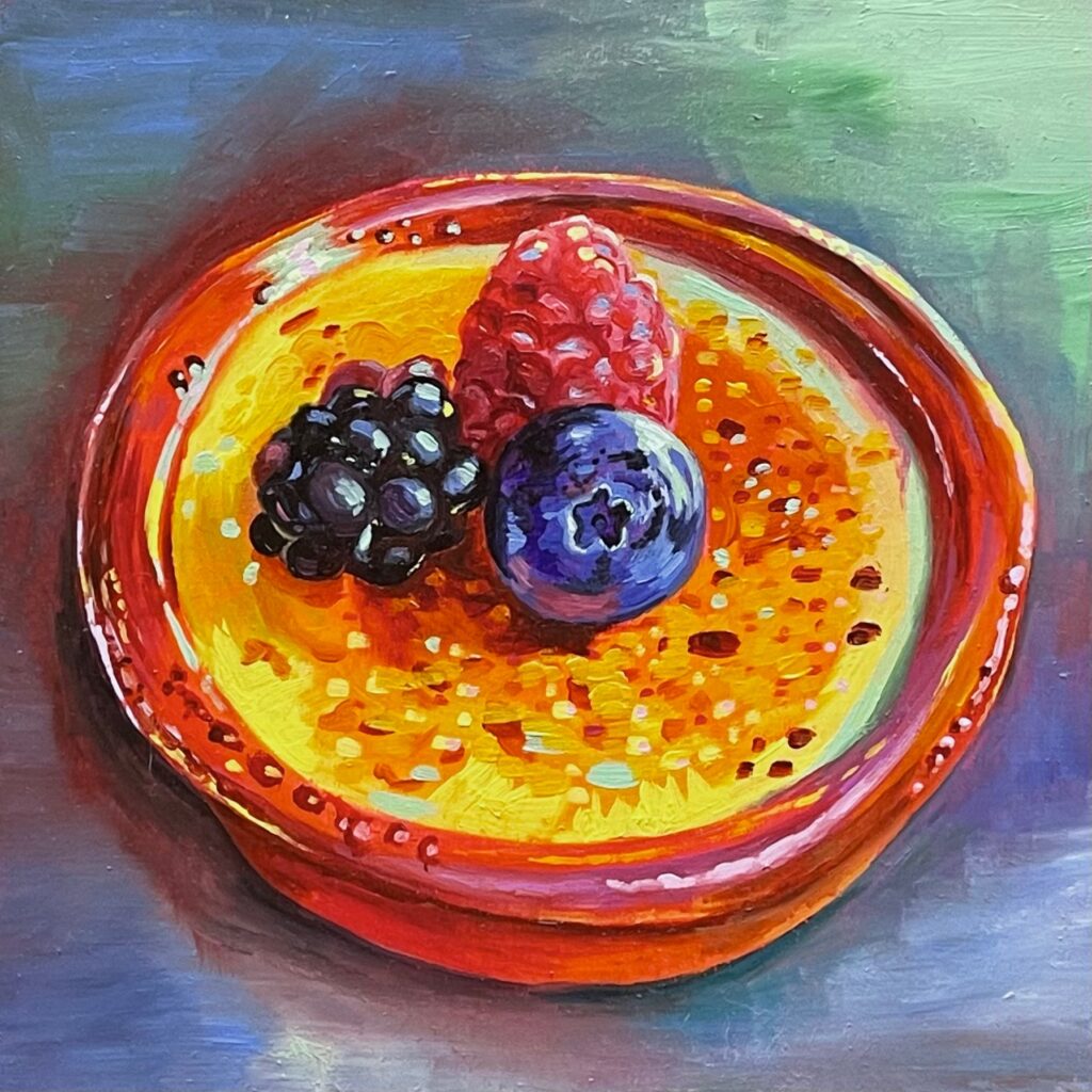 an oil painting of a brightly colored creme brulee with fruits on a wood panel