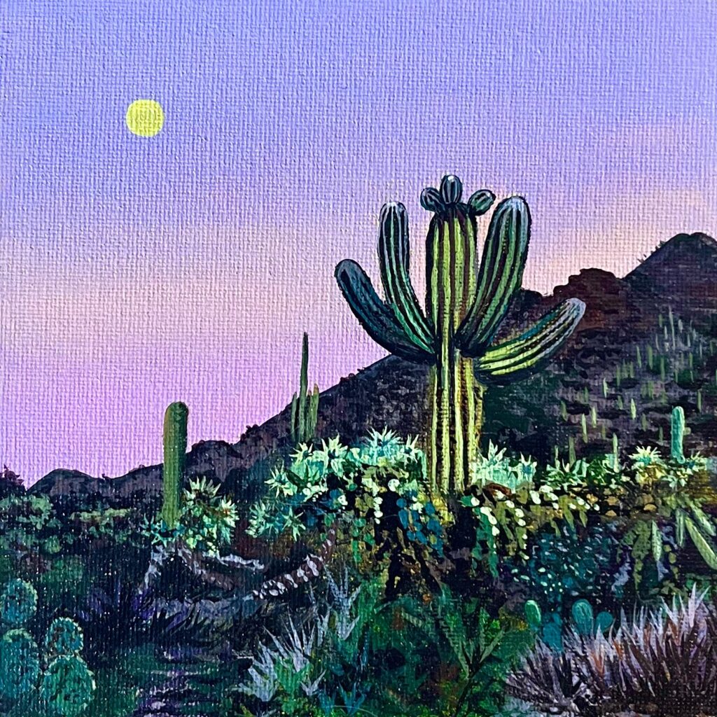 an acrylic painting of a desert sunset with a purple sky